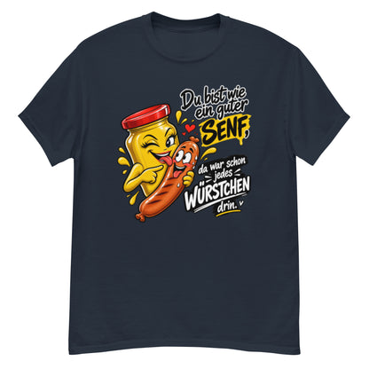 Lustiges Senf und Wurst T-Shirt mit frechem Spruch und Comic-Motiv