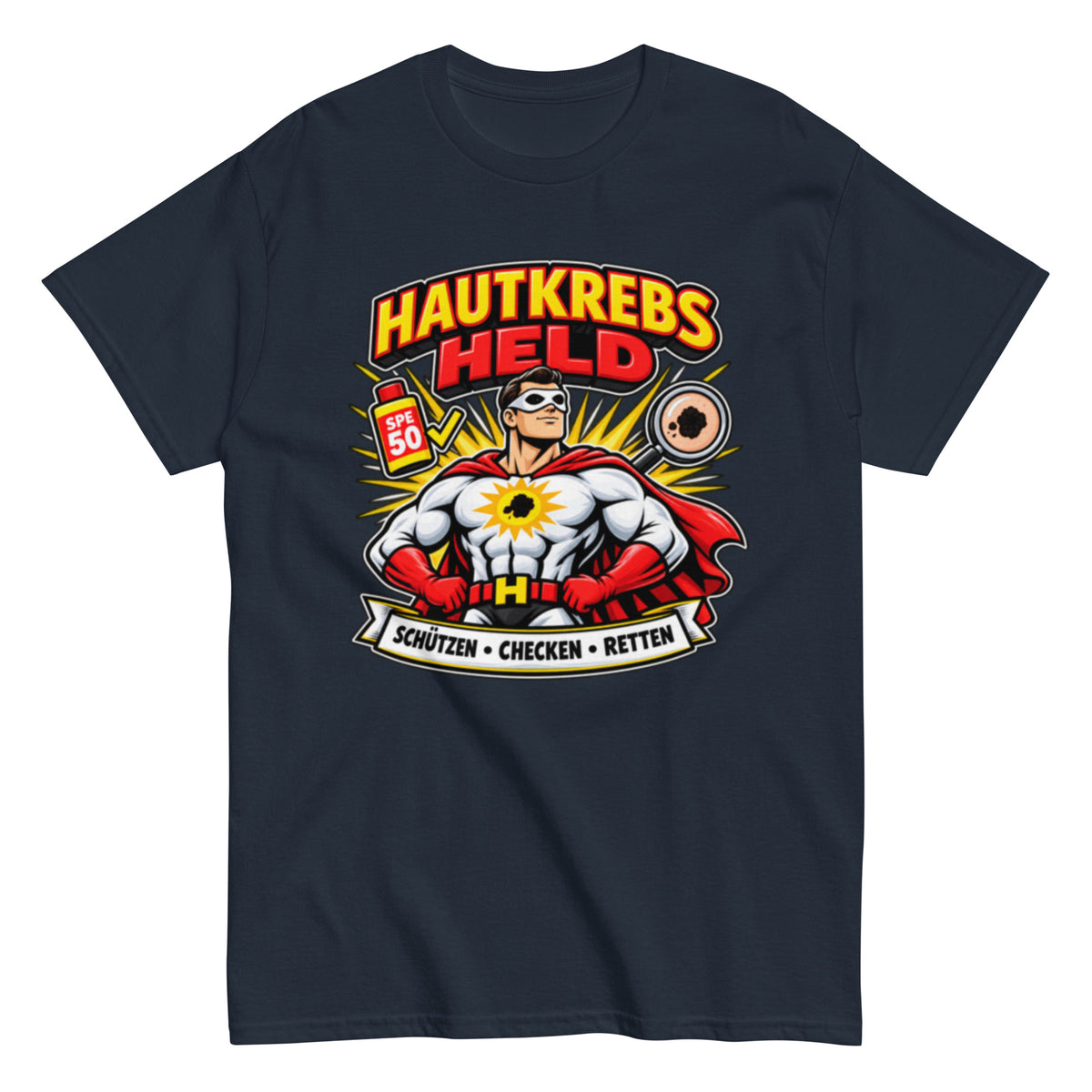 Hautkrebs Held T-Shirt Motiv mit Superheld, Sonnencreme und Hautcheck
