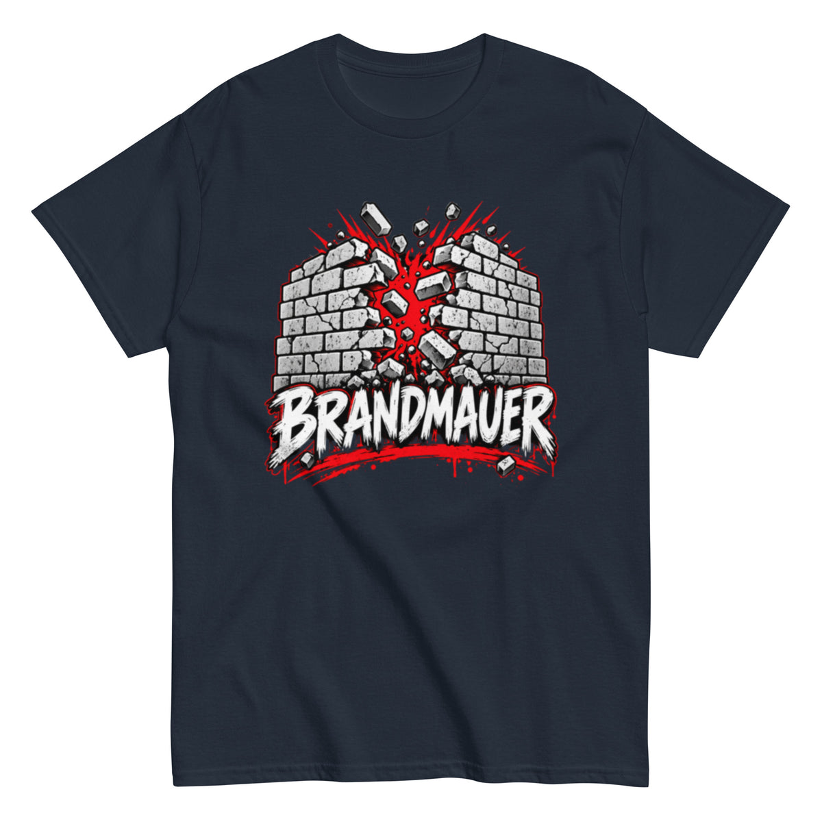 T-Shirt mit dem Schriftzug „BRANDMAUER“ und einem aufbrechenden Mauer-Motiv in Schwarz, Weiß und Rot