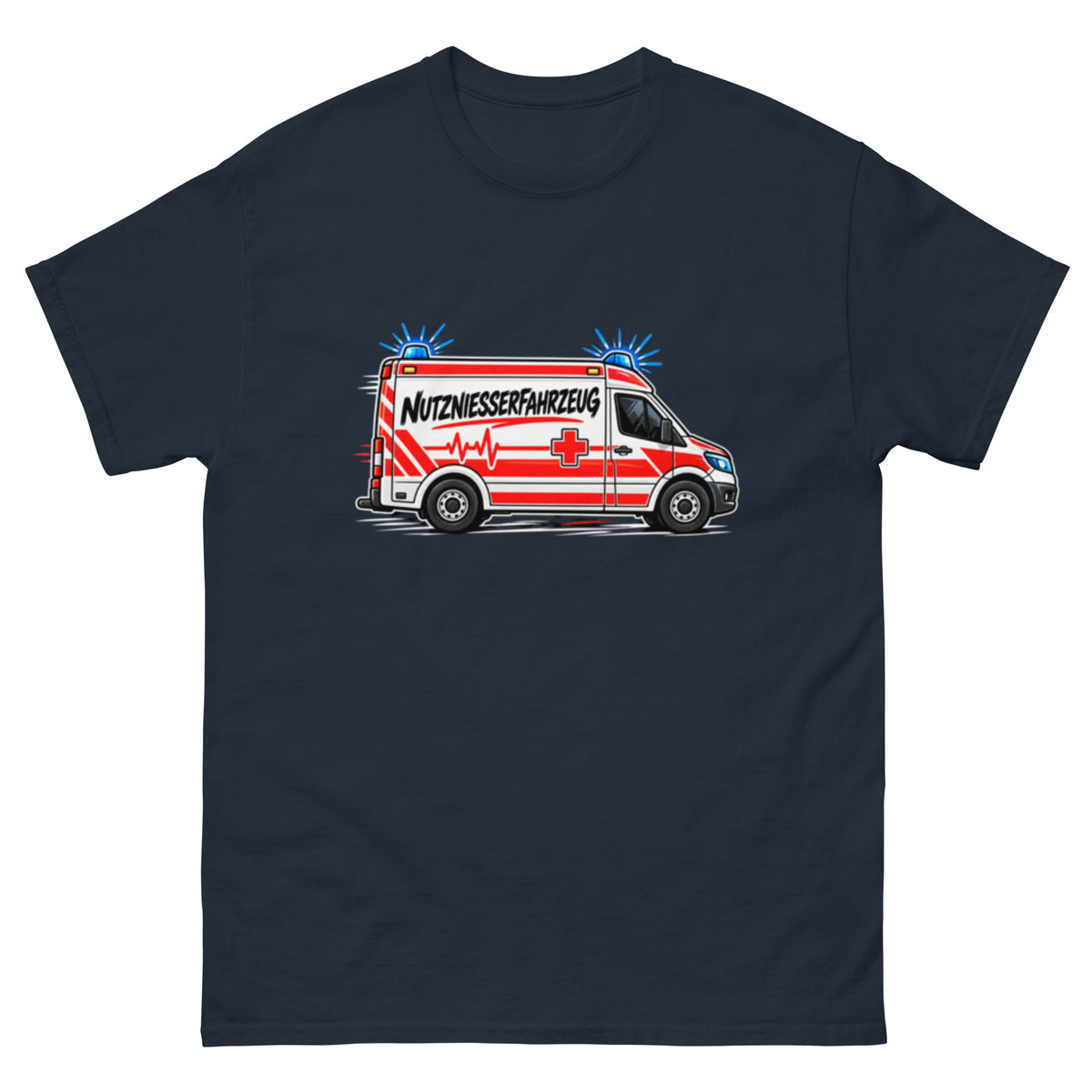 Lustiges T-Shirt mit Comic-Rettungswagen und dem satirischen Spruch „Nutzniesserfahrzeug“ in schwarzer Schrift mit roten Akzenten.