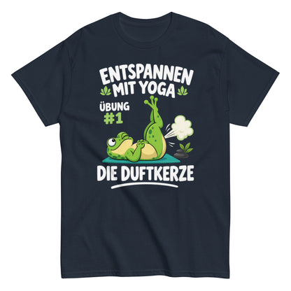 Lustiges Yoga-T-Shirt mit Frosch und dem Spruch „Entspannen mit Yoga – Übung #1: Die Duftkerze“.