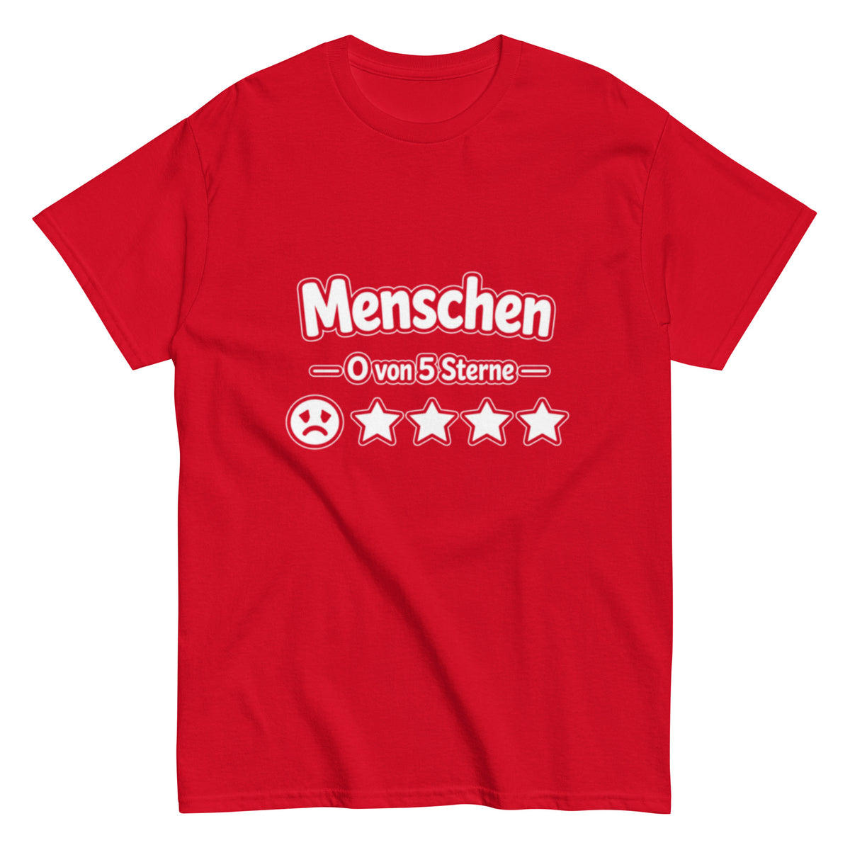 Schwarzes T-Shirt Motiv Menschen 0 von 5 Sterne mit traurigem Smiley und vier leeren Sternen