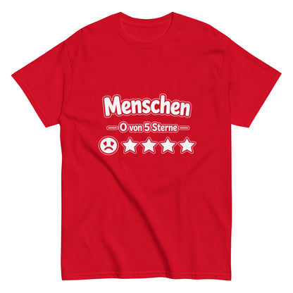 Schwarzes T-Shirt Motiv Menschen 0 von 5 Sterne mit traurigem Smiley und vier leeren Sternen