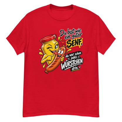 Lustiges Senf und Wurst T-Shirt mit frechem Spruch und Comic-Motiv