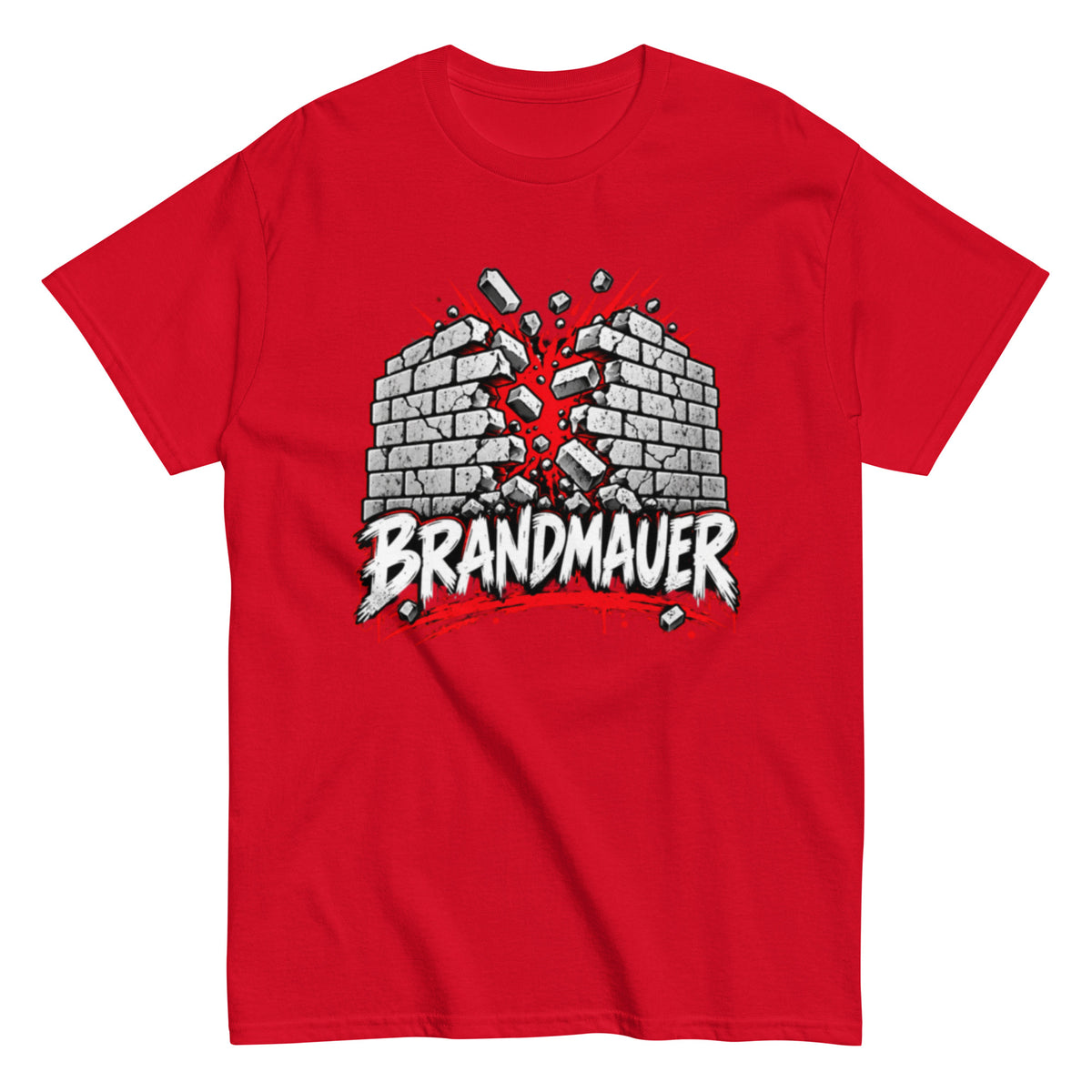T-Shirt mit dem Schriftzug „BRANDMAUER“ und einem aufbrechenden Mauer-Motiv in Schwarz, Weiß und Rot