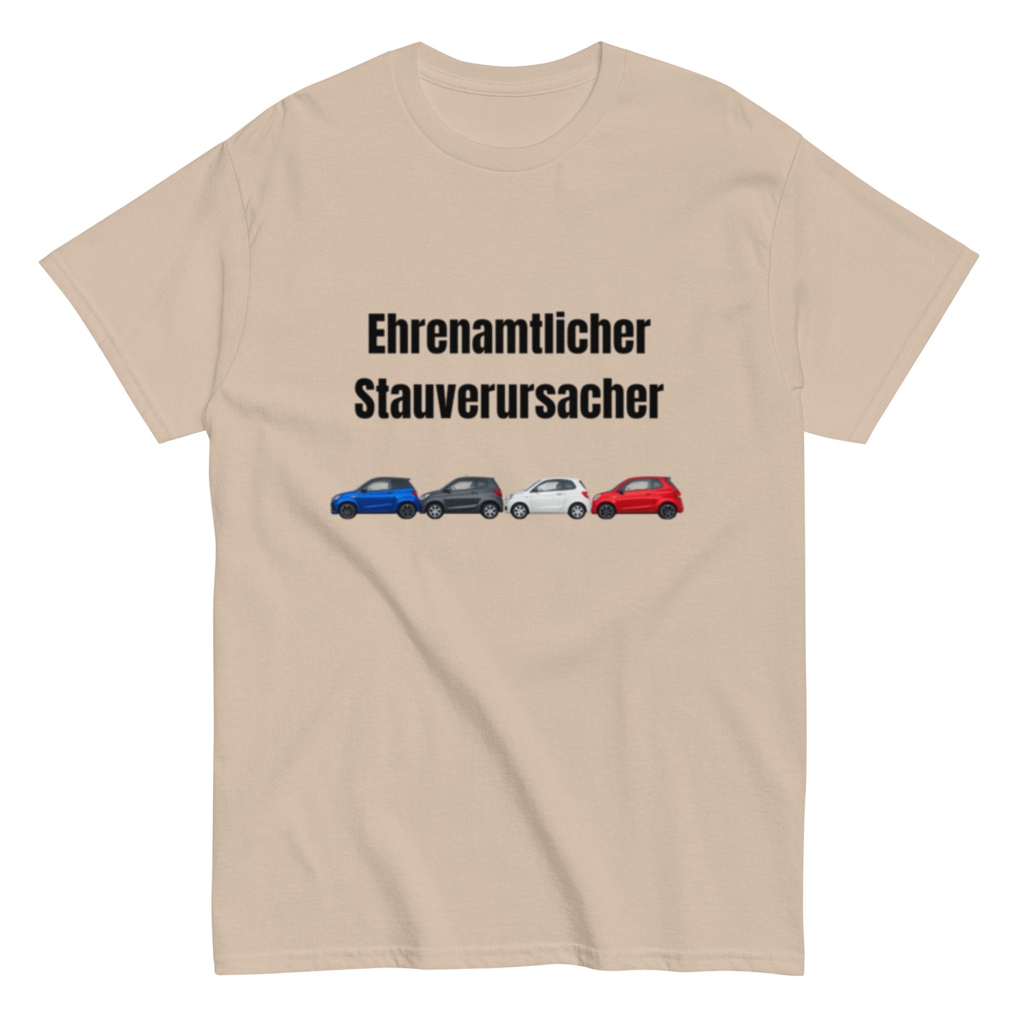 Lustiges T-Shirt mit dem Spruch „Ehrenamtlicher Stauverursacher“ und einer Reihe kleiner Microcars.