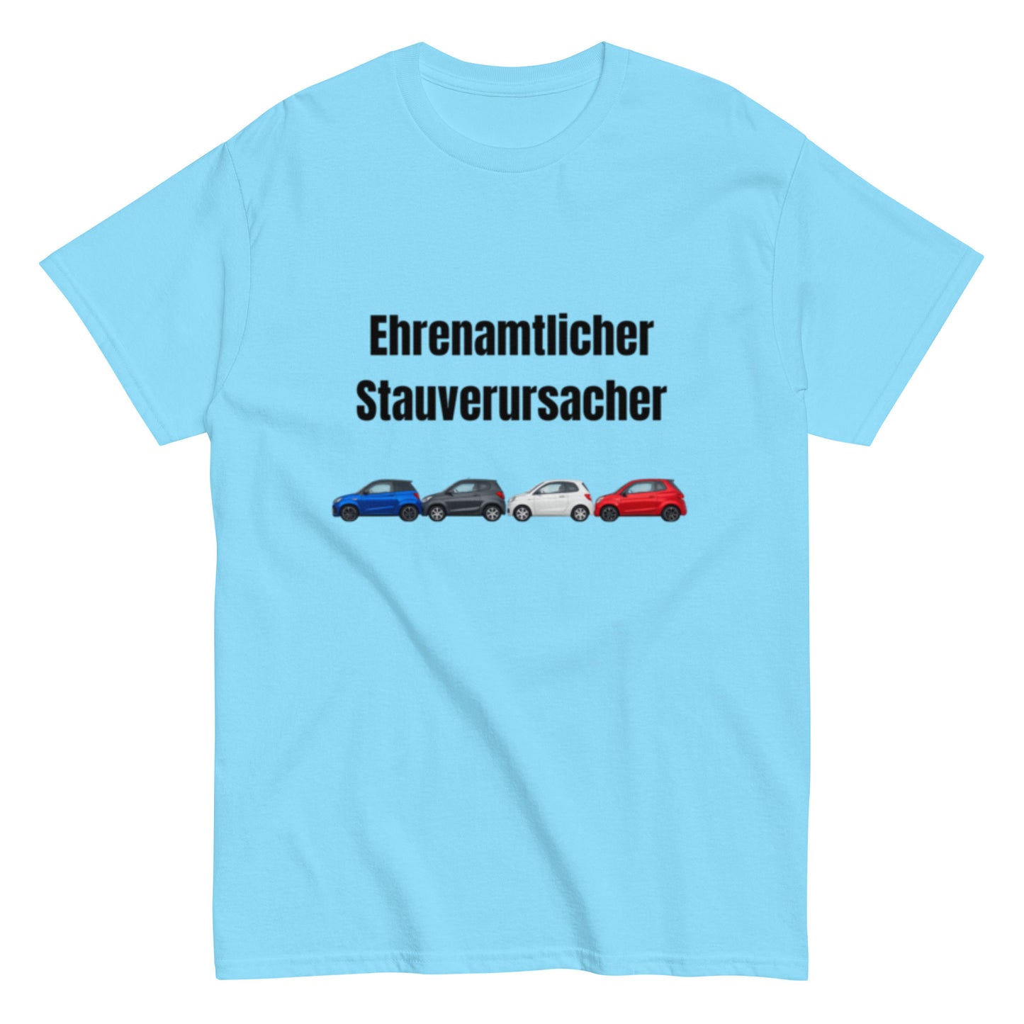 Lustiges T-Shirt mit dem Spruch „Ehrenamtlicher Stauverursacher“ und einer Reihe kleiner Microcars.
