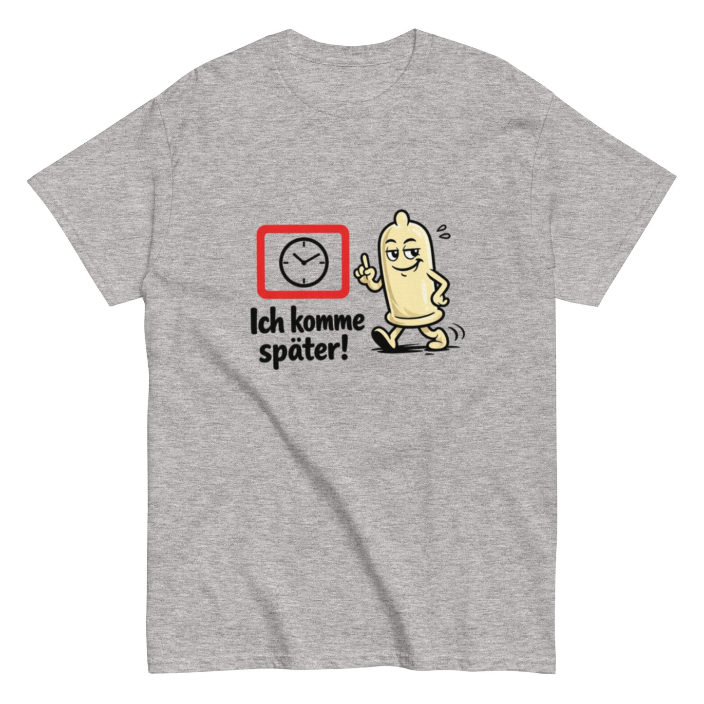 Lustiges T-Shirt mit laufendem Kondom und dem Spruch Ich komme später