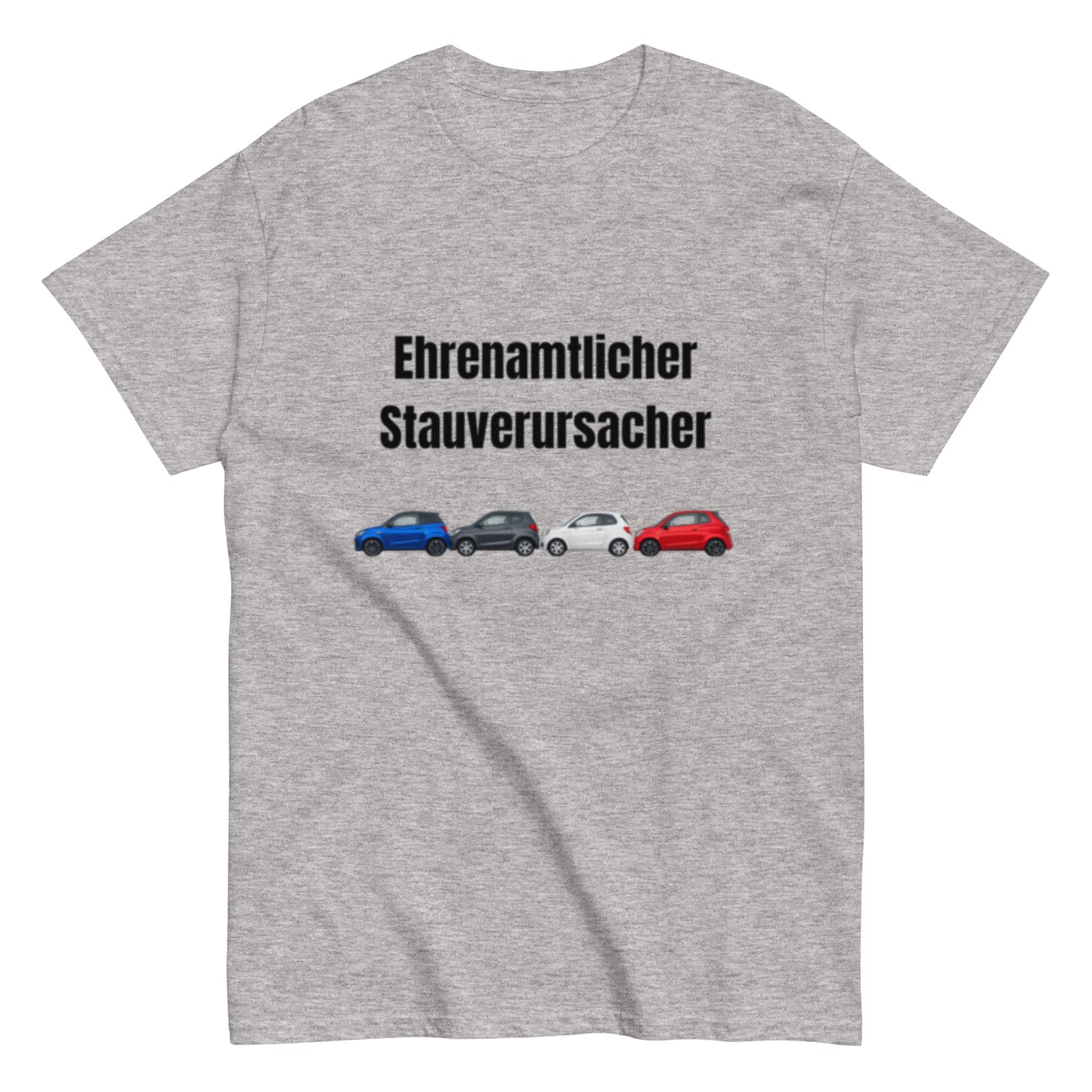 Lustiges T-Shirt mit dem Spruch „Ehrenamtlicher Stauverursacher“ und einer Reihe kleiner Microcars.