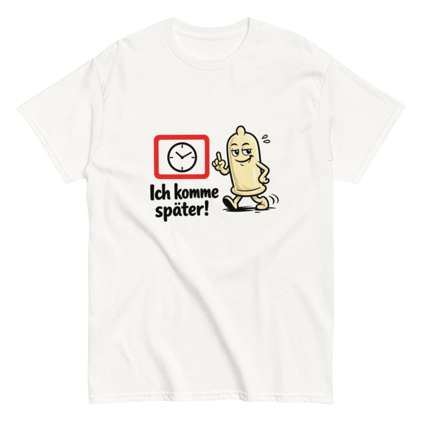 Lustiges T-Shirt mit laufendem Kondom und dem Spruch Ich komme später