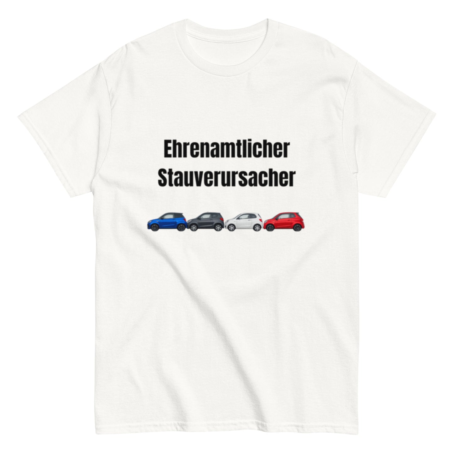 Lustiges T-Shirt mit dem Spruch „Ehrenamtlicher Stauverursacher“ und einer Reihe kleiner Microcars.