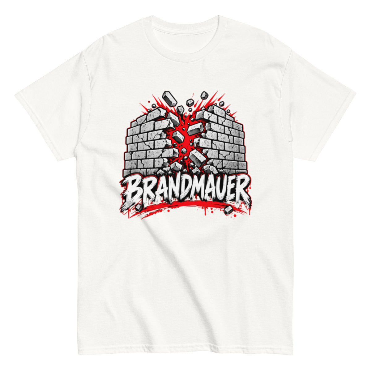 T-Shirt mit dem Schriftzug „BRANDMAUER“ und einem aufbrechenden Mauer-Motiv in Schwarz, Weiß und Rot