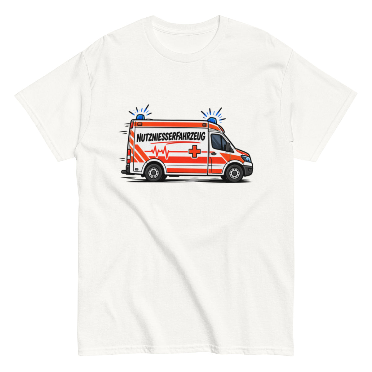 Lustiges T-Shirt mit Comic-Rettungswagen und dem satirischen Spruch „Nutzniesserfahrzeug“ in schwarzer Schrift mit roten Akzenten.