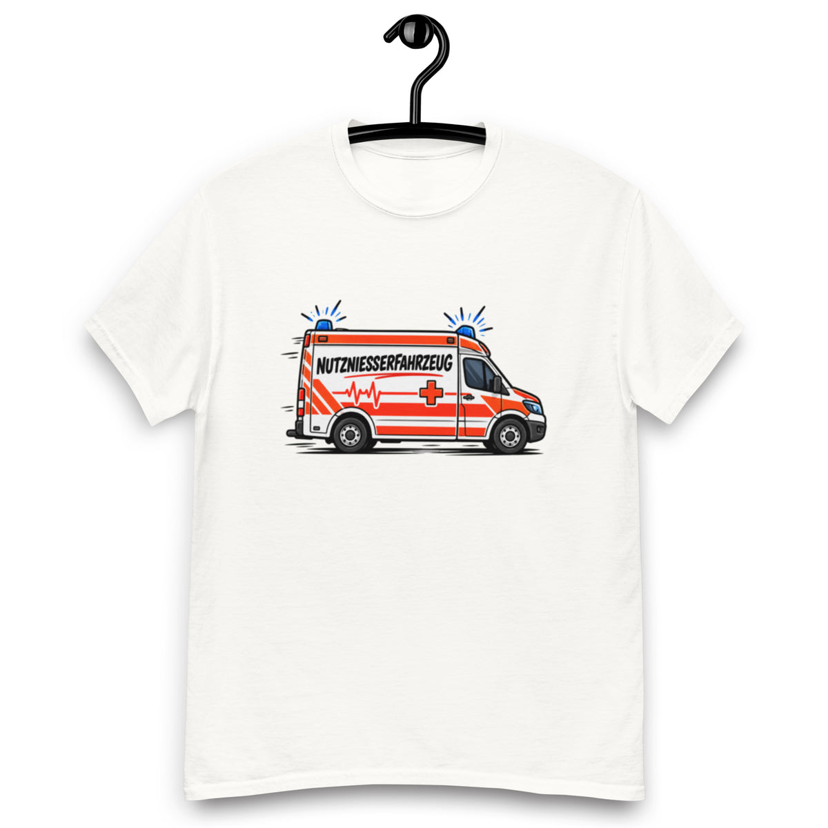 Lustiges T-Shirt mit Comic-Rettungswagen und dem satirischen Spruch „Nutzniesserfahrzeug“ in schwarzer Schrift mit roten Akzenten.