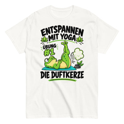 Lustiges Yoga-T-Shirt mit Frosch und dem Spruch „Entspannen mit Yoga – Übung #1: Die Duftkerze“.