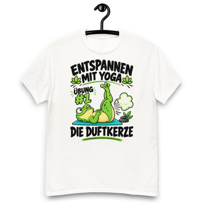 Lustiges Yoga-T-Shirt mit Frosch und dem Spruch „Entspannen mit Yoga – Übung #1: Die Duftkerze“.