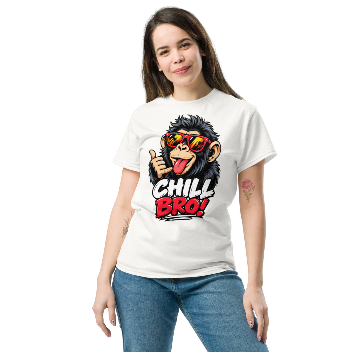 Lustiges schwarzes T-Shirt mit CHILL BRO Spruch und coolem Affen-Motiv