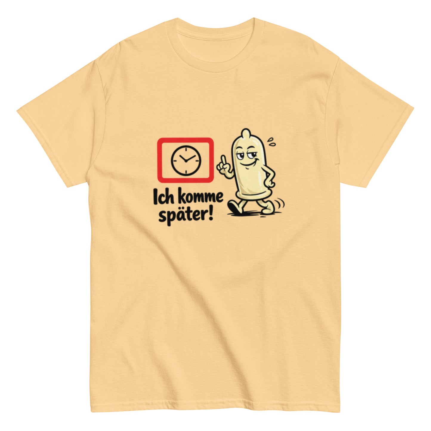 Lustiges T-Shirt mit laufendem Kondom und dem Spruch Ich komme später