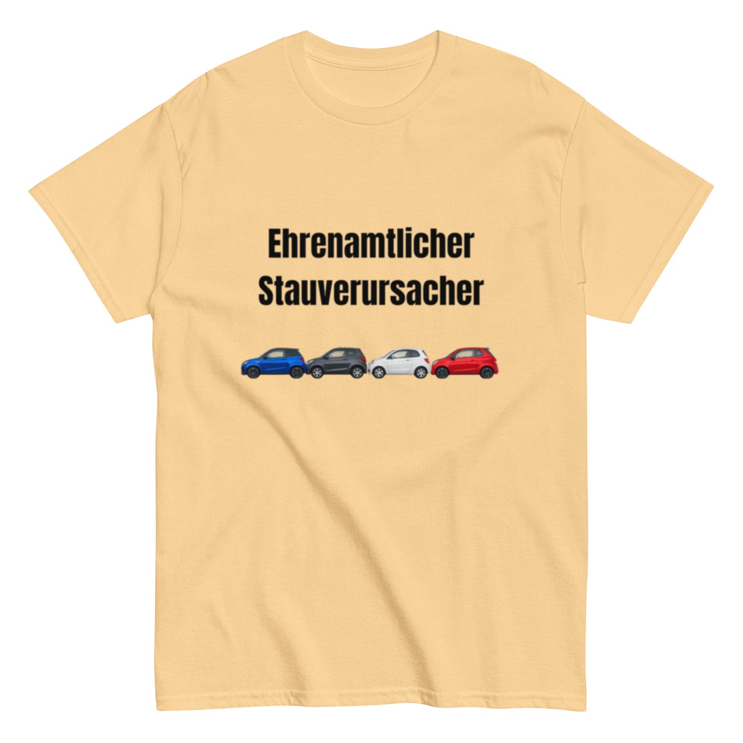 Lustiges T-Shirt mit dem Spruch „Ehrenamtlicher Stauverursacher“ und einer Reihe kleiner Microcars.