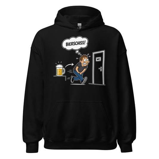 Weißer Hoodie mit lustigem Bierschiss Cartoon, Bierglas und WC-Motiv