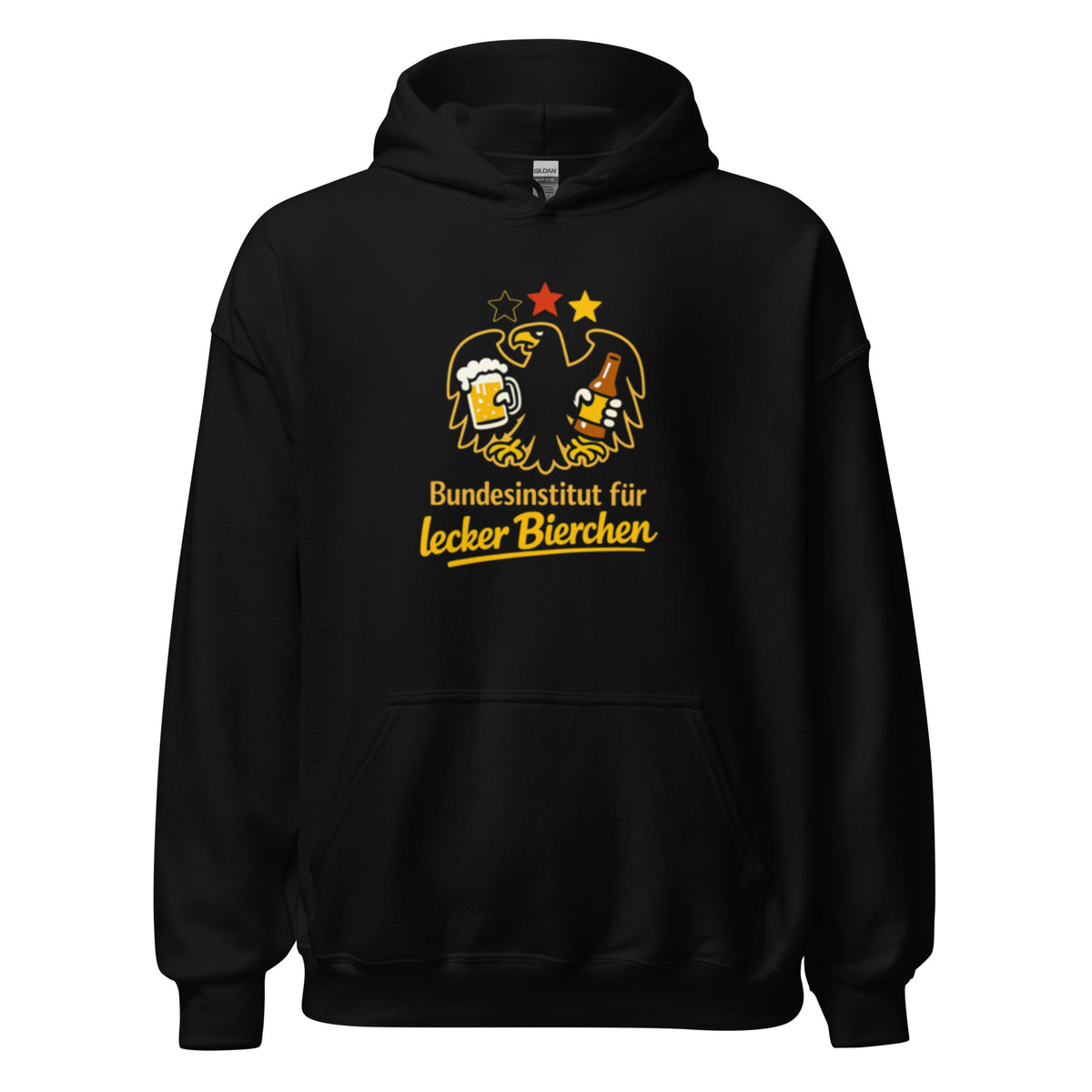 Schwarzer Hoodie mit goldenem Adler, der ein Bier und eine Bierflasche hält, und dem Schriftzug Bundesinstitut für lecker Bierchen.