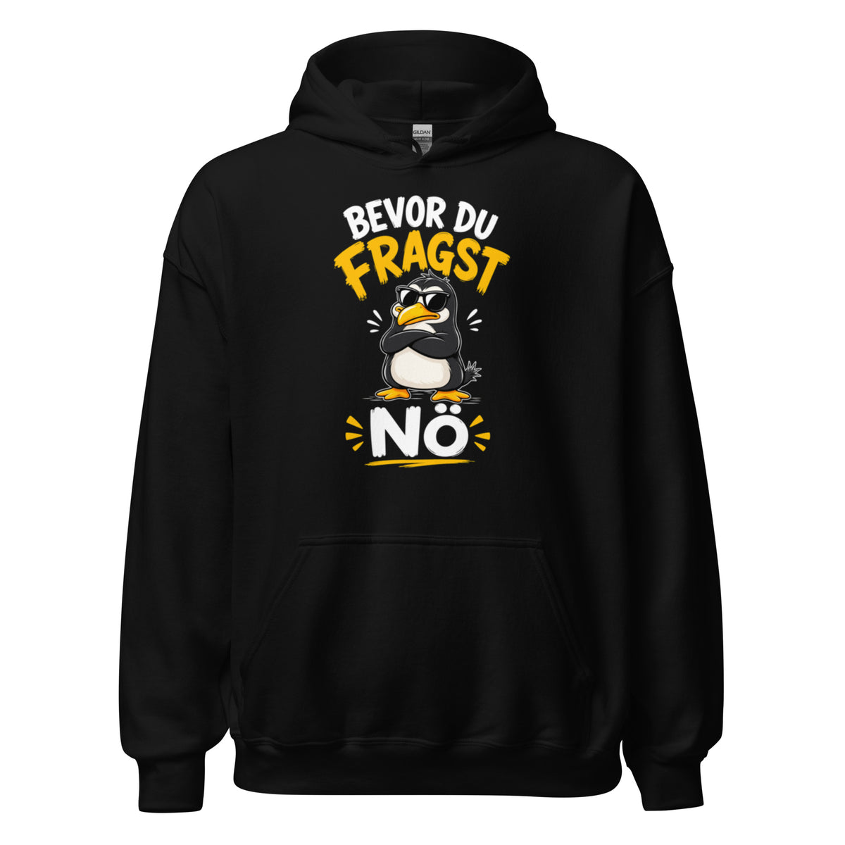 Weißer Hoodie mit einem coolen Pinguin mit Sonnenbrille und dem Schriftzug Bevor du fragst Nö in schwarzer und gelber Schrift.