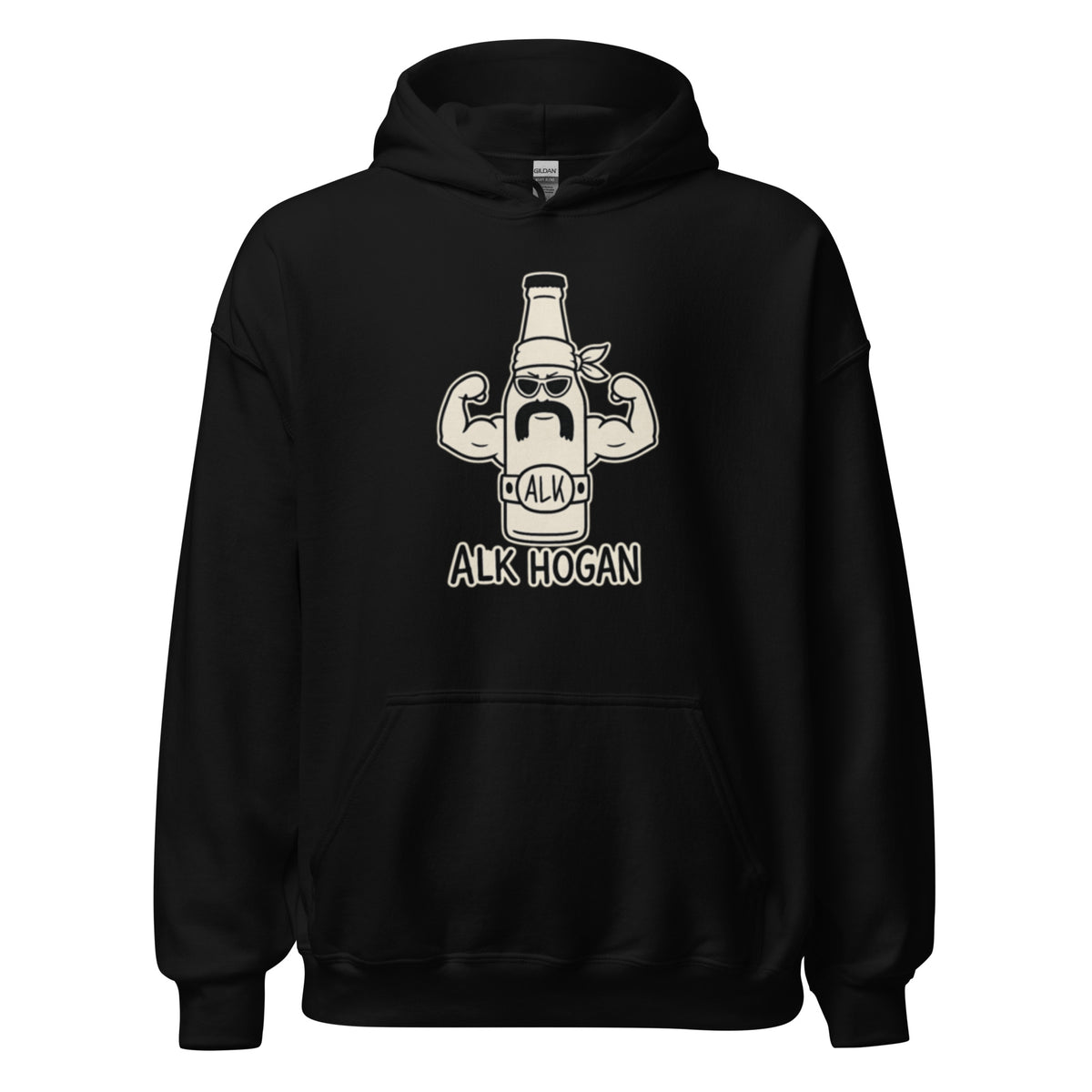 Hoodie mit lustigem Cartoon einer muskulösen Bierflasche mit Sonnenbrille und dem Schriftzug „Alk Hogan“.
