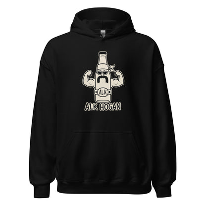 Hoodie mit lustigem Cartoon einer muskulösen Bierflasche mit Sonnenbrille und dem Schriftzug „Alk Hogan“.