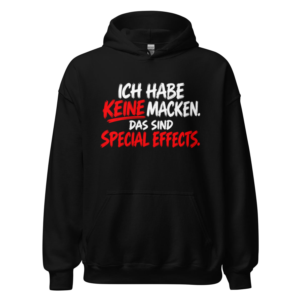 Schwarzer Hoodie mit dem lustigen Spruch „Ich habe keine Macken. Das sind Special Effects.“ in weißer und roter Brush-Schrift.
