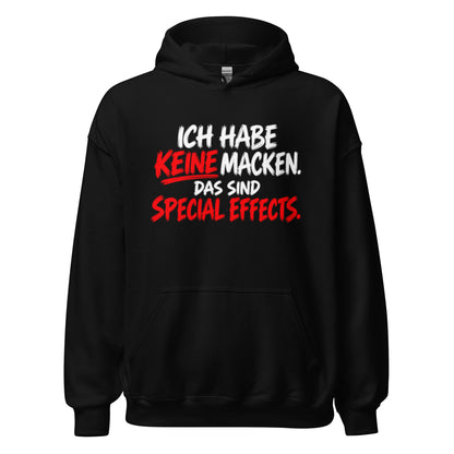 Schwarzer Hoodie mit dem lustigen Spruch „Ich habe keine Macken. Das sind Special Effects.“ in weißer und roter Brush-Schrift.