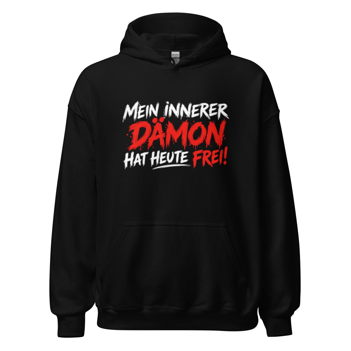 Hoodie mit lustigem Spruch „Mein innerer Dämon hat heute frei!“ in schwarzer und orangefarbener Schrift