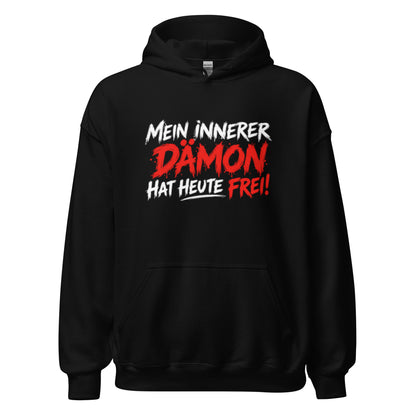 Hoodie mit lustigem Spruch „Mein innerer Dämon hat heute frei!“ in schwarzer und orangefarbener Schrift