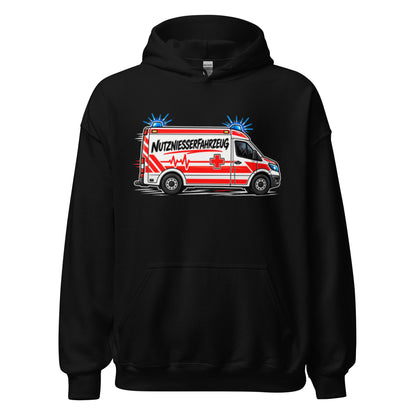 Lustiger Hoodie mit Comic-Rettungswagen und dem Spruch „Nutzniesserfahrzeug“ in schwarzer und roter Schrift.