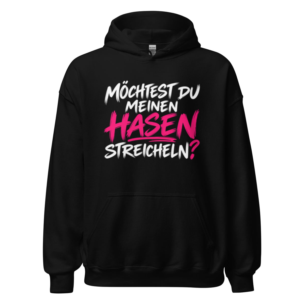 Lustiger Hoodie mit dem frechen Spruch „Möchtest du meinen Hasen streicheln?“ in schwarzer und pinker Schrift.