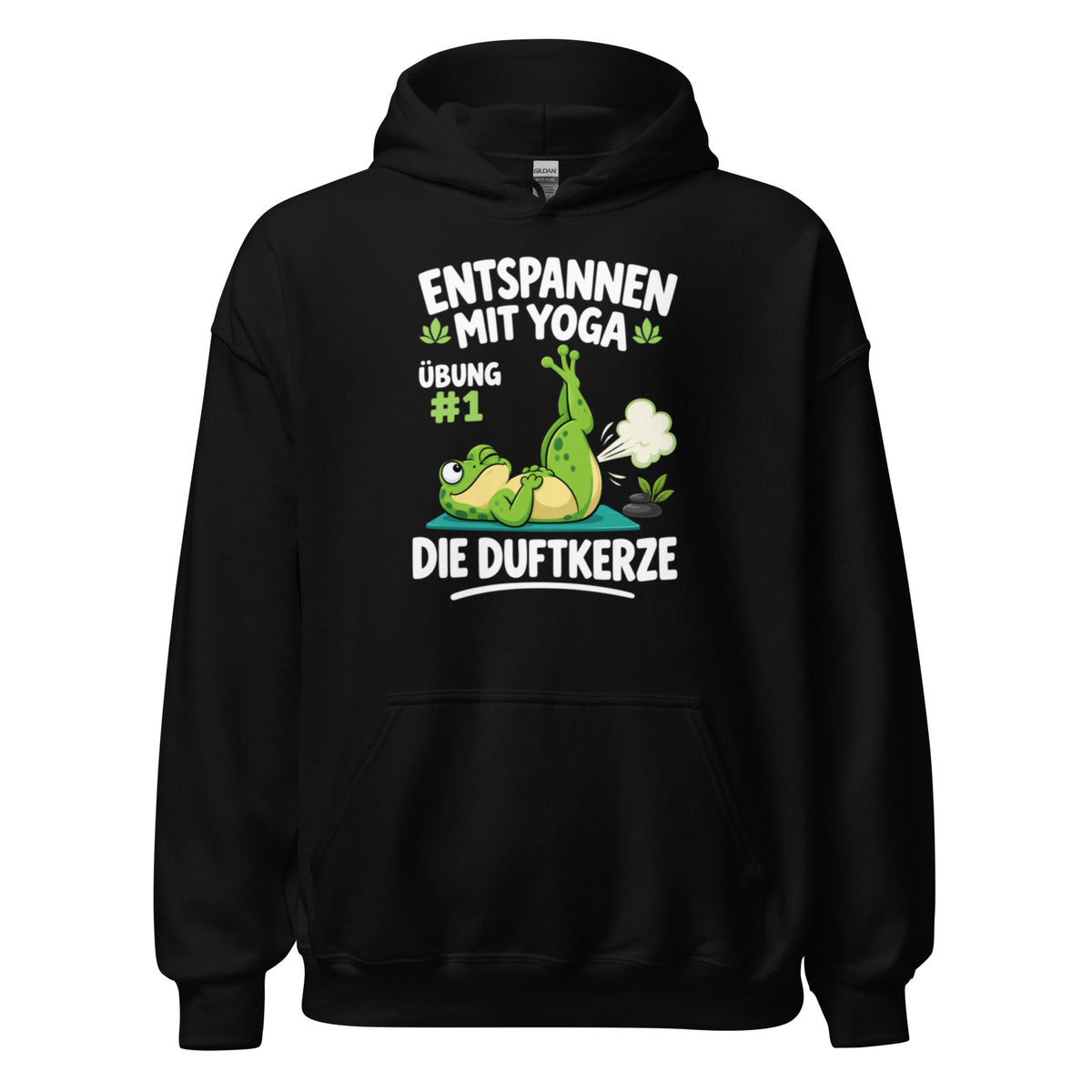 Lustiger Hoodie mit entspanntem Yoga-Frosch, Yoga-Motiv und dem Spruch „Entspannen mit Yoga – Übung #1: Die Duftkerze“.