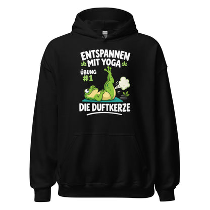 Lustiger Hoodie mit entspanntem Yoga-Frosch, Yoga-Motiv und dem Spruch „Entspannen mit Yoga – Übung #1: Die Duftkerze“.