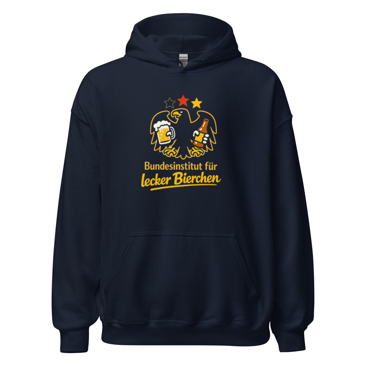 Schwarzer Hoodie mit goldenem Adler, der ein Bier und eine Bierflasche hält, und dem Schriftzug Bundesinstitut für lecker Bierchen.