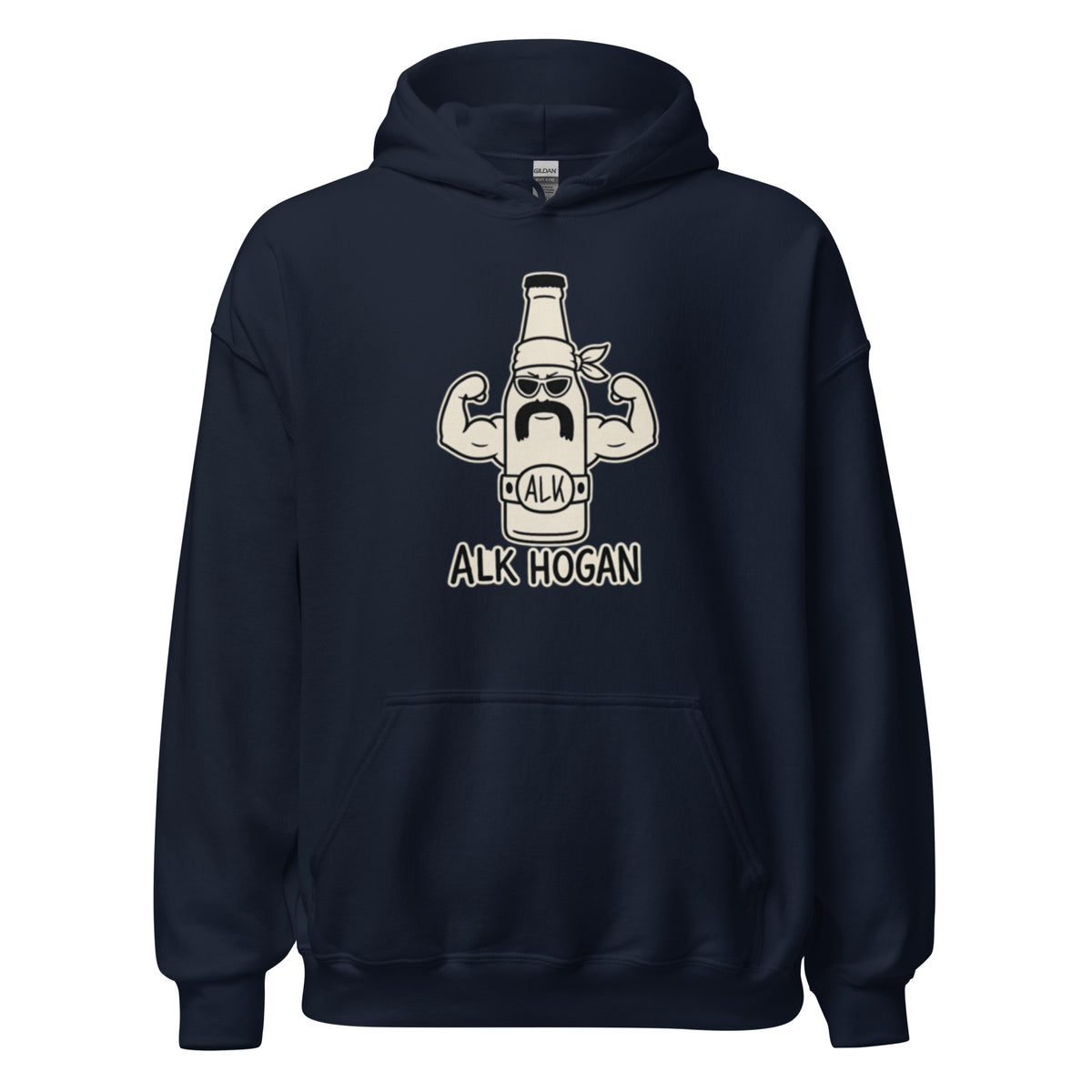 Hoodie mit lustigem Cartoon einer muskulösen Bierflasche mit Sonnenbrille und dem Schriftzug „Alk Hogan“.