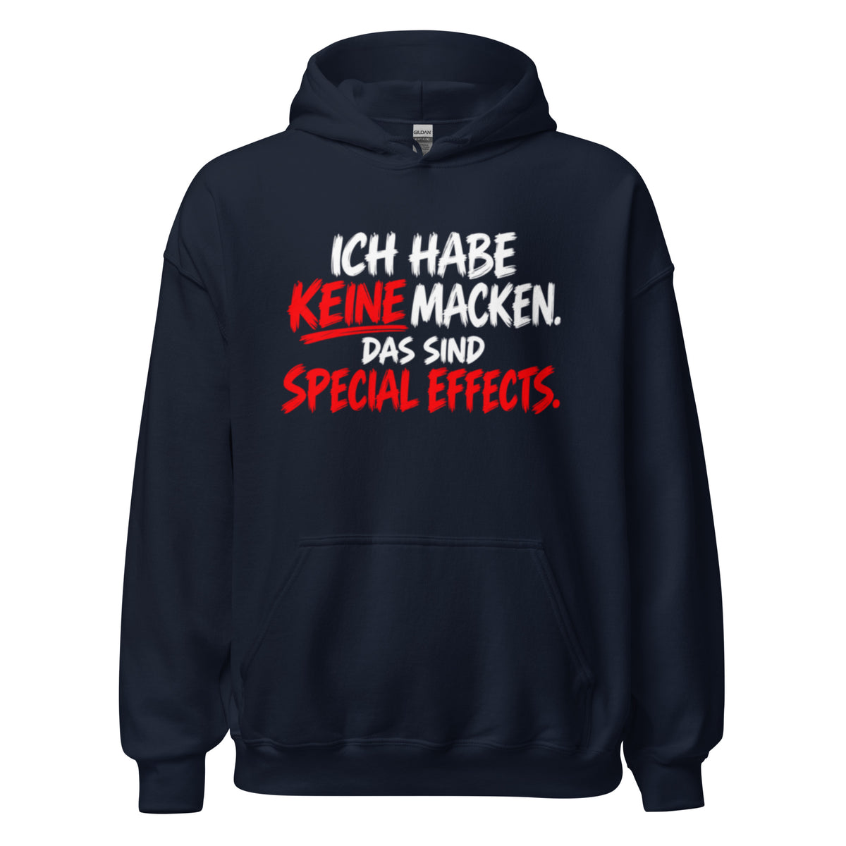 Schwarzer Hoodie mit dem lustigen Spruch „Ich habe keine Macken. Das sind Special Effects.“ in weißer und roter Brush-Schrift.