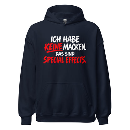 Schwarzer Hoodie mit dem lustigen Spruch „Ich habe keine Macken. Das sind Special Effects.“ in weißer und roter Brush-Schrift.