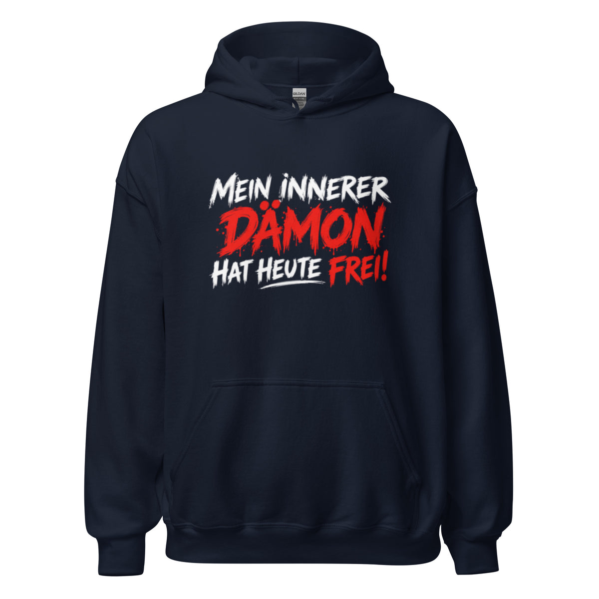 Hoodie mit lustigem Spruch „Mein innerer Dämon hat heute frei!“ in schwarzer und orangefarbener Schrift