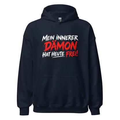 Hoodie mit lustigem Spruch „Mein innerer Dämon hat heute frei!“ in schwarzer und orangefarbener Schrift