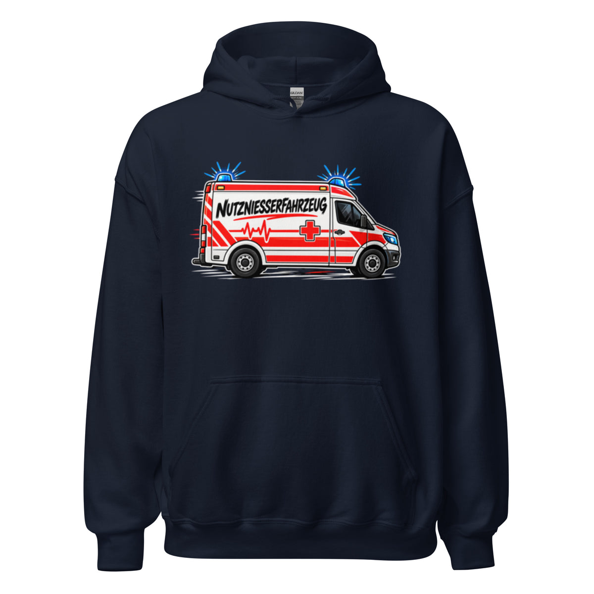 Lustiger Hoodie mit Comic-Rettungswagen und dem Spruch „Nutzniesserfahrzeug“ in schwarzer und roter Schrift.