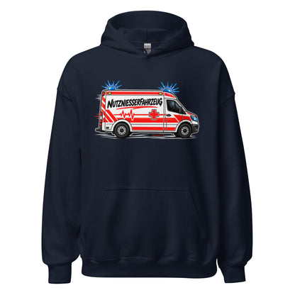Lustiger Hoodie mit Comic-Rettungswagen und dem Spruch „Nutzniesserfahrzeug“ in schwarzer und roter Schrift.