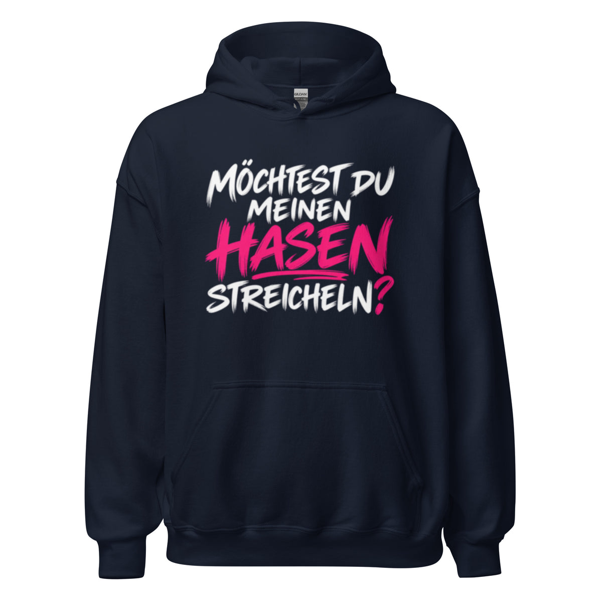 Lustiger Hoodie mit dem frechen Spruch „Möchtest du meinen Hasen streicheln?“ in schwarzer und pinker Schrift.