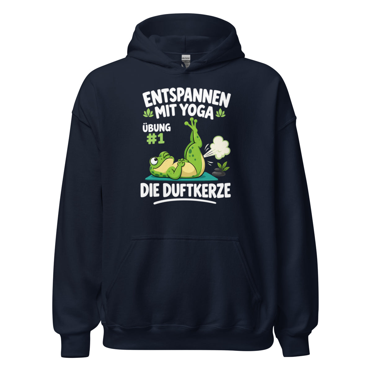 Lustiger Hoodie mit entspanntem Yoga-Frosch, Yoga-Motiv und dem Spruch „Entspannen mit Yoga – Übung #1: Die Duftkerze“.