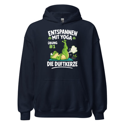 Lustiger Hoodie mit entspanntem Yoga-Frosch, Yoga-Motiv und dem Spruch „Entspannen mit Yoga – Übung #1: Die Duftkerze“.