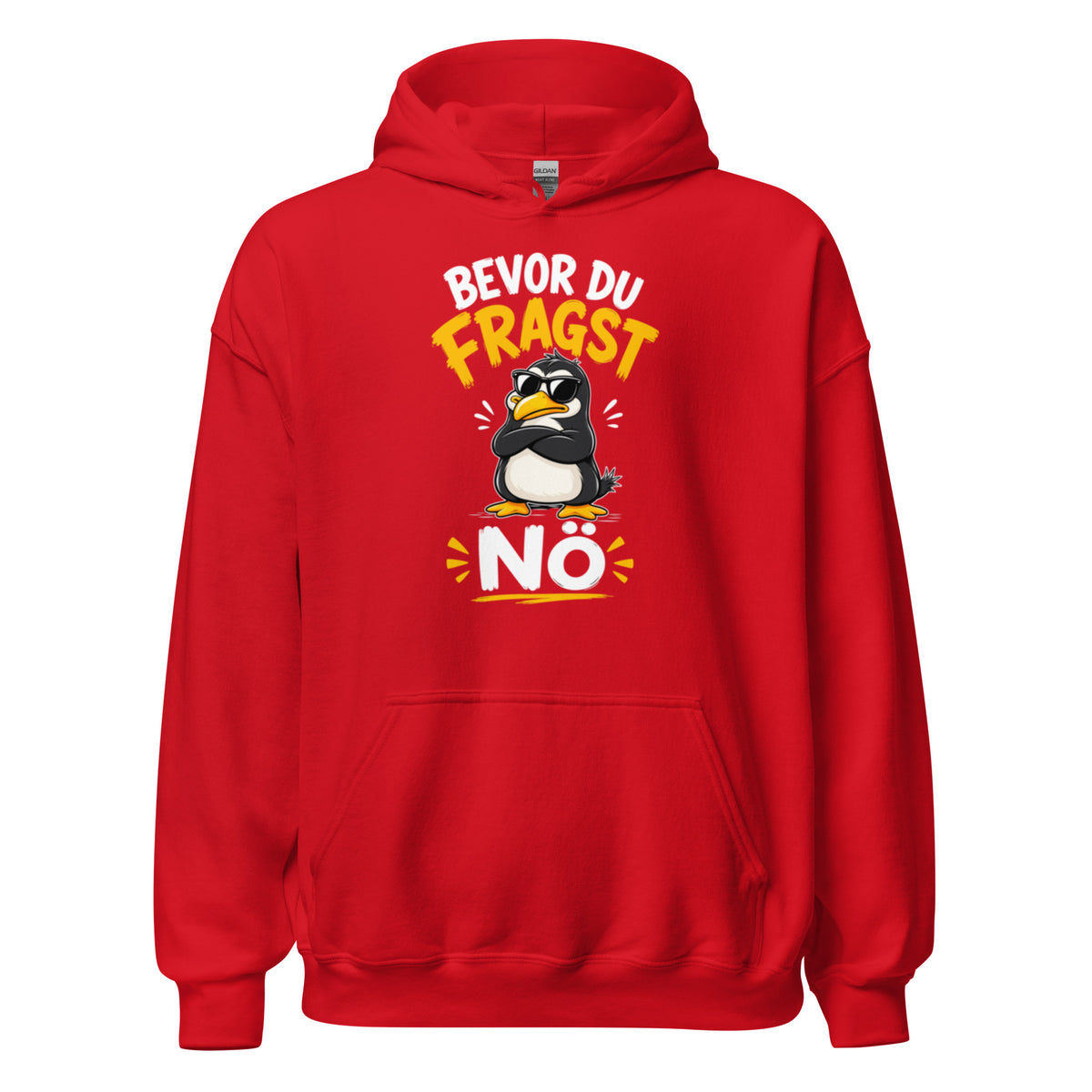 Weißer Hoodie mit einem coolen Pinguin mit Sonnenbrille und dem Schriftzug Bevor du fragst Nö in schwarzer und gelber Schrift.