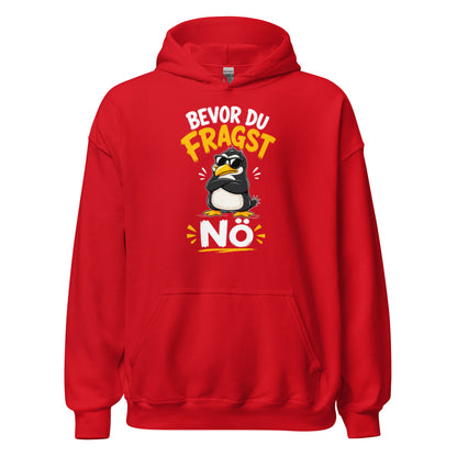 Weißer Hoodie mit einem coolen Pinguin mit Sonnenbrille und dem Schriftzug Bevor du fragst Nö in schwarzer und gelber Schrift.