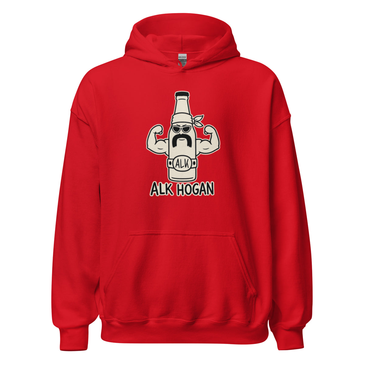Hoodie mit lustigem Cartoon einer muskulösen Bierflasche mit Sonnenbrille und dem Schriftzug „Alk Hogan“.